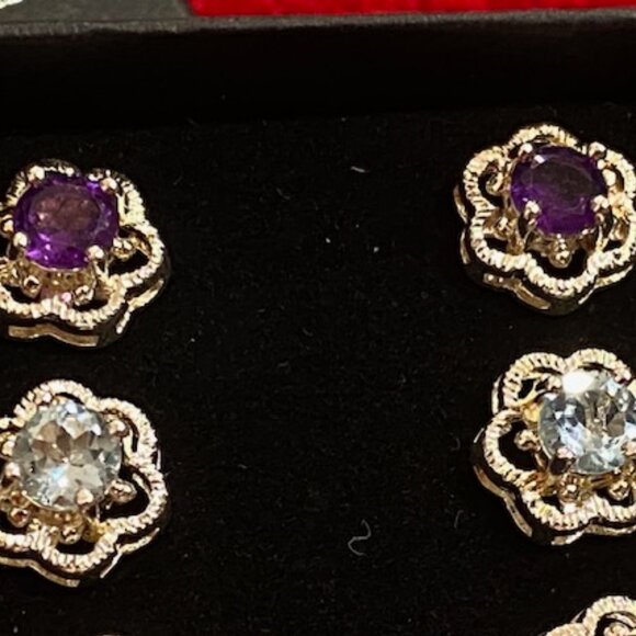 BIN 3 prs SILVER-tone AMETHYST Clear RUBY CZ Flower STUDS * Giftable * Thick - Picture 2 of 8